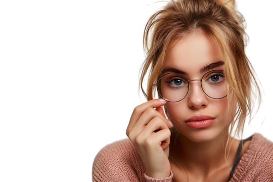 Portrait of nervous minded pretty lady biting finger nail look interested on transparent background