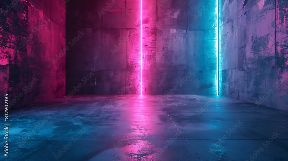 Poster dark empty room with pink and blue led lights on concrete wall and floor futuristic architecture int