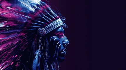 Portrait of a painted native Indian man warrior in traditional roach in studio neon light.