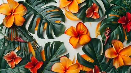 Creative layout made of tropical flowers and leaves Flat lay Nature concept : Generative AI