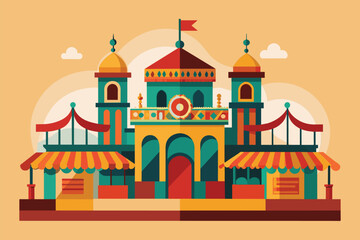 Fototapeta premium A building featuring a prominent clock tower on its rooftop, showcasing architectural elegance, Andalusian fair Customizable Semi Flat Illustration