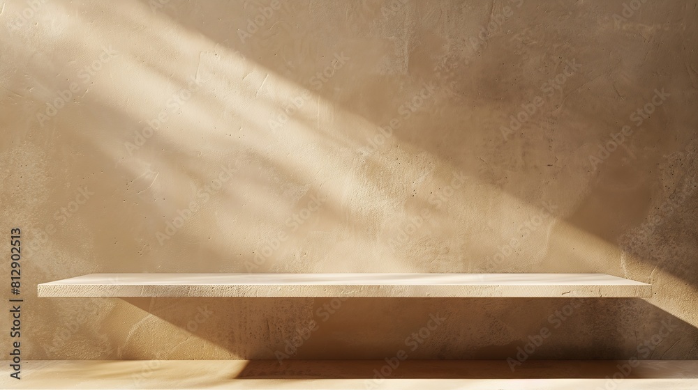 Aufkleber Empty shelf on a beige textured plaster wall background with aesthetic floral sun light shadows product stand or podium design template for business branding advertisement mockup with  : Generative AI