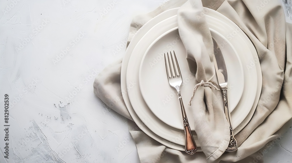 Poster White craft plate cutlery and napkin on white stone table knife and fork on beige napkin Top view copy space Table setting background for menu layout recipe background food flat lay : Generative AI
