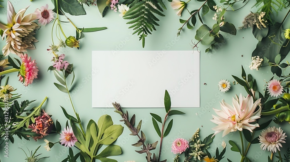 Poster creative layout made of flowers and leaves with paper card note flat lay nature concept : generative
