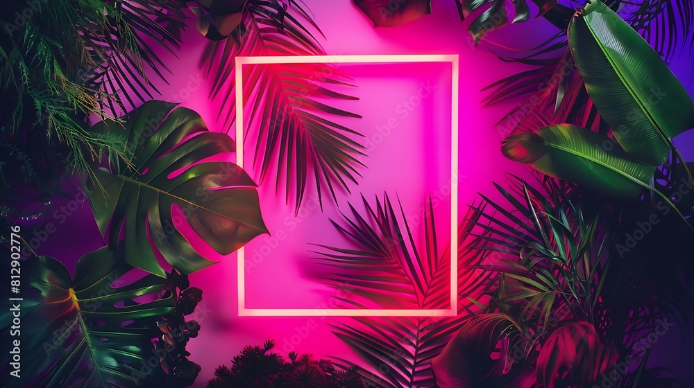 Poster creative fluorescent color layout made of tropical leaves with neon light square flat lay nature con