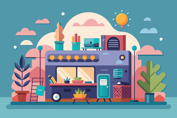 Naklejka premium A food truck is parked in front of a building, ready to serve customers delicious meals, Atelier Customizable Semi Flat Illustration