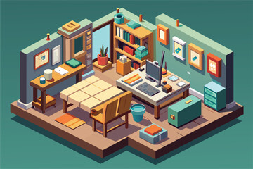 A room featuring a desk and bookshelf, perfect for working or studying, Atelier Customizable Isometric Illustration