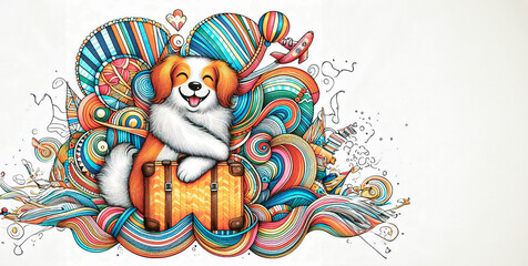 Cute cartoon dog with suitcase on colorful background. Hand drawn illustration