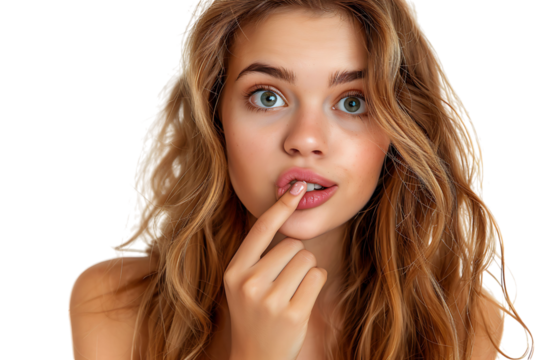 Portrait of nervous minded pretty lady biting finger nail look interested on transparent background