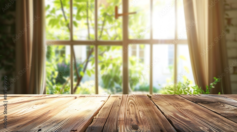 Poster selective focusEmpty of wood table top on blur of curtain window and abstract green from garden with sunlight For montage product display or design key visual layout : Generative AI