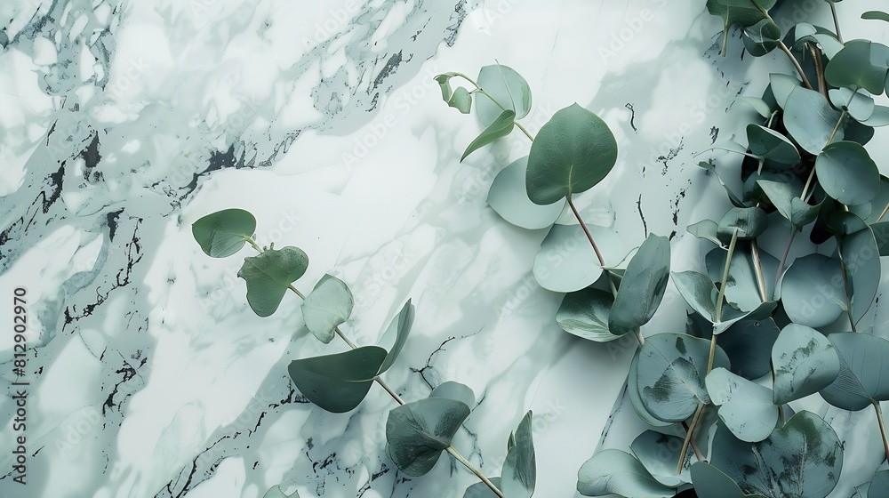 Poster Border of eucalyptus leaves on a marble background Lay flat : Generative AI