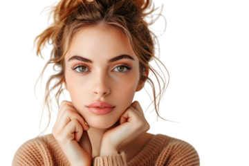 Portrait of nervous minded pretty lady biting finger nail look interested on transparent background