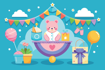 A teddy bear sits inside a carriage, encircled by colorful balloons, Baby shower Customizable Semi Flat Illustration