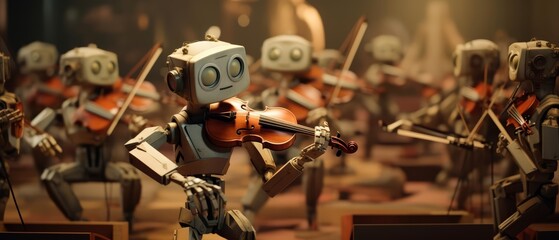 Look strange of technology, imagining AI robots conducting orchestras with instruments that selfplay, crafted in paper art styles, sharpen cinematic look