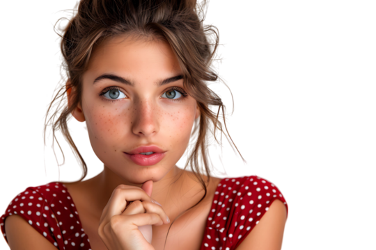 Portrait of nervous minded pretty lady biting finger nail look interested on transparent background