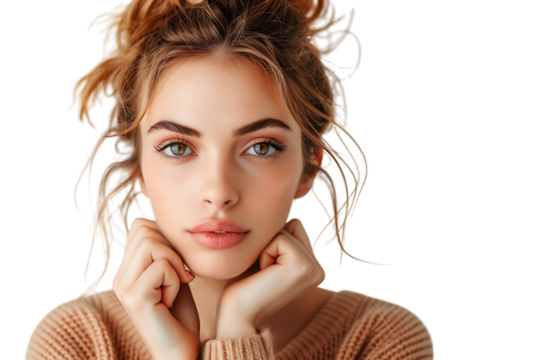 Portrait of nervous minded pretty lady biting finger nail look interested on transparent background