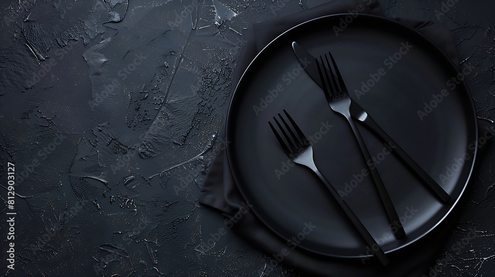 Leinwandbilder black empty plate and cutlery fork and knife on a dark textured background The concept of a layout for the design of a restaurant menu website or design Vertical layout of food photos : Generative AI
