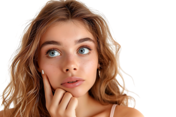 Portrait of nervous minded pretty lady biting finger nail look interested on transparent background