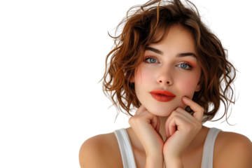 Portrait of nervous minded pretty lady biting finger nail look interested on transparent background