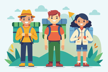 Three individuals with backpacks standing next to each other, Backpackers Customizable Disproportionate Illustration