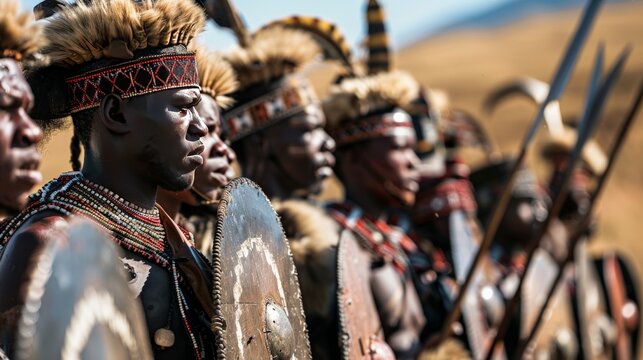 The image shows a group of African warriors in traditional dress, armed with spears and shields
