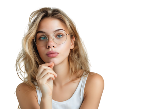 Portrait of nervous minded pretty lady biting finger nail look interested on transparent background