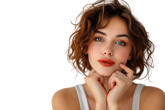 Portrait of nervous minded pretty lady biting finger nail look interested on transparent background