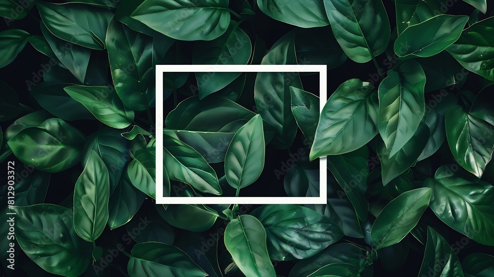 Poster creative layout green leaves with white square frame flat lay for advertising card or invitation : g