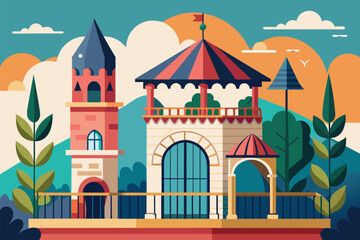 Fototapeta premium A building featuring a prominent tower and balcony, Balcony castle Customizable Flat Illustration