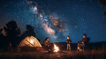 Family camping under starry night sky Milky way watching Camp bonfire with kids Travel and hiking with young children and dog Group of people next to tent in national park Star gazing : Generative AI