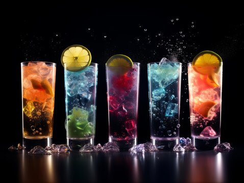Mocktails shimmer in an explosion on a black background, each burst of flavor accentuated with a futuristic color scheme to create a visually stunning presentation