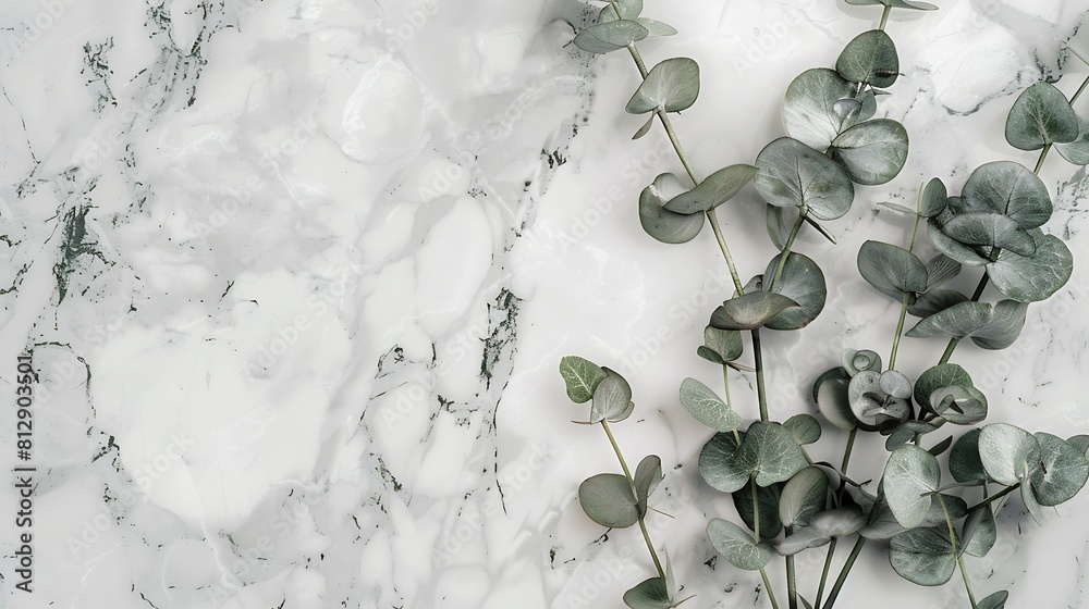 Aufkleber Marble paper blank eucalyptus branches on pastel gray background Flat lay top view square copy space : Generative AI