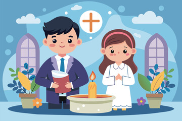 Fototapeta premium A man and a woman are standing in front of a candle, Baptism Customizable Cartoon Illustration