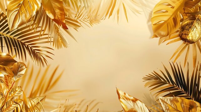 Creative layout made of colorful and golden tropical leaves and palms on beige background Minimal summer exotic concept with copy space Border arrangement background : Generative AI