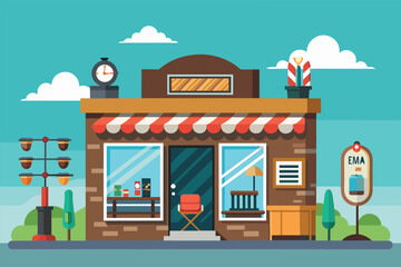 Obraz premium A small store building with a clock on top, set against a clear sky, Barber Customizable Flat Illustration
