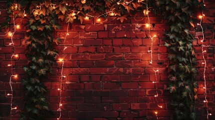 A brick wall with ivy growing up the side and lights hanging from the top
