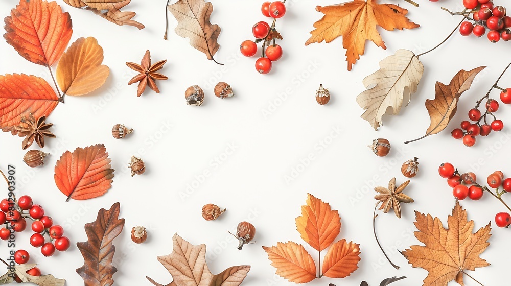 Poster autumn composition dried leaves flowers rowan berries on white background autumn fall thanksgiving d
