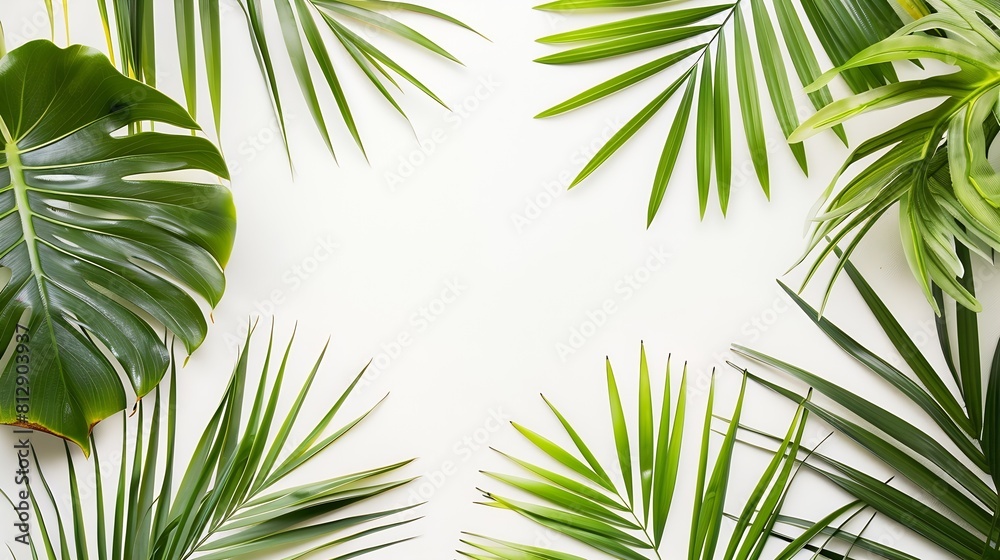 Aufkleber tropical palm leaves on white background summer concept flat lay top view copy space : generative ai