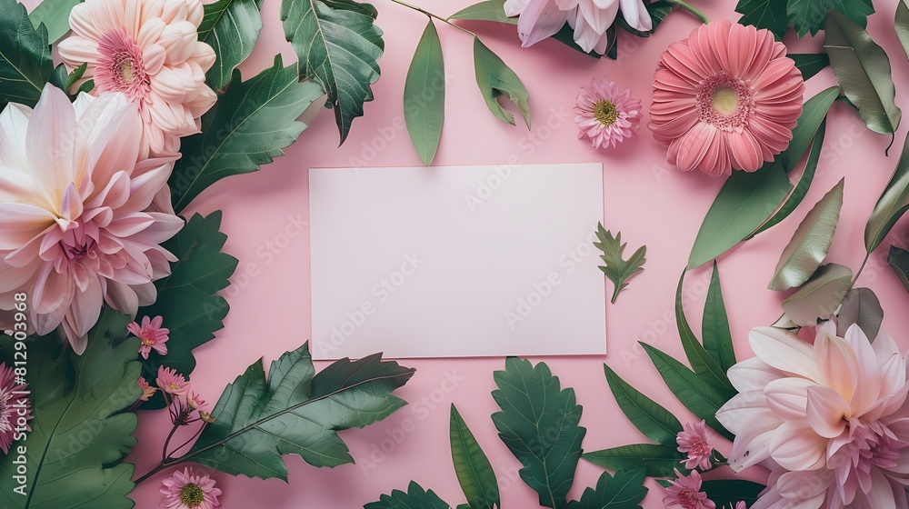 Poster creative layout made of flowers and leaves with paper card note flat lay nature concept : generative