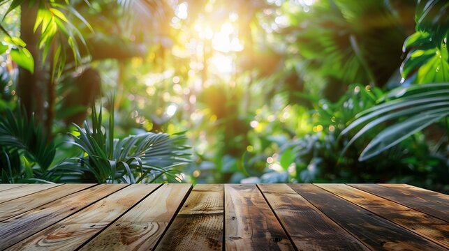 Wood tabletop counter podium floor in outdoors tropical garden forest blurred green blue leaf plant nature backgroundNatural product placement pedestal stand displaysummer jungle parad : Generative AI