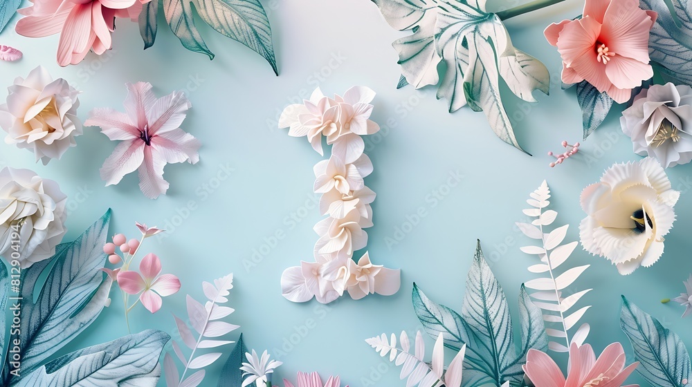 Poster creative layout with colorful flowers leaves and number one anniversary conceptflat lay : generative
