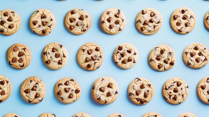 Creative pattern made with chocolate chip cookies on pastel blue background Happy sweet optimistic life idea Fun food or dessert concept Spring or summer layout : Generative AI