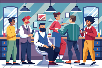 People waiting outside a busy barbershop, chatting and looking at their phones, Barbershop waiting clients Customizable Disproportionate Illustration