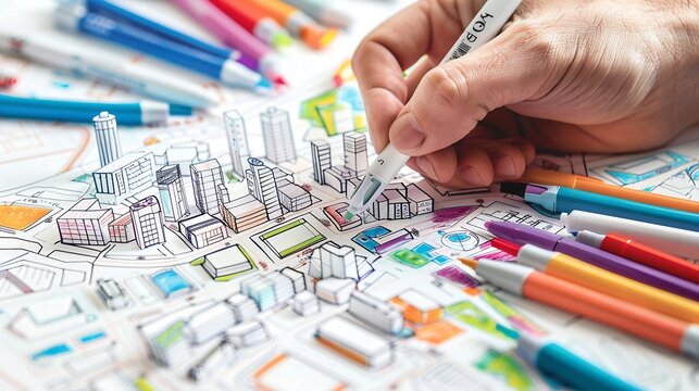 master plan of urban landscape design or urban architecture drawing by mans hand with color marker pen on white paper and group of color marker pens with English and Thai language in p : Generative AI