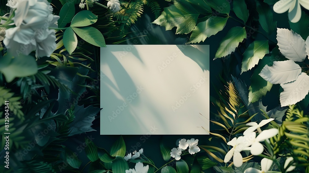 Poster creative layout made of flowers and leaves with paper card notesquare framenature conceptleaf in for