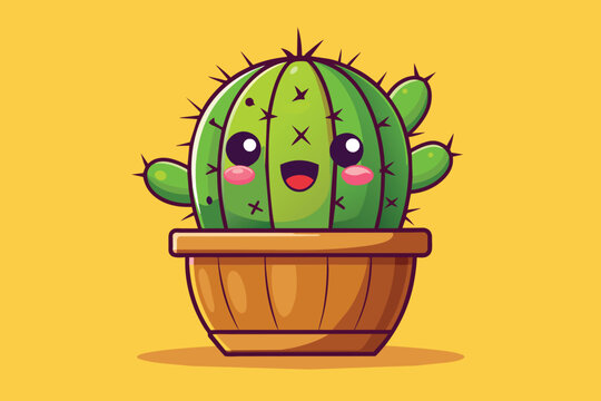 Cartoon barrel cactus with a surprised expression, placed in a pot, Barrel cactus Customizable Cartoon Illustration