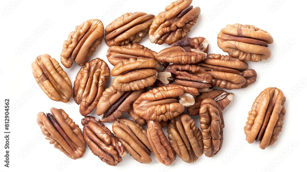 Poster Fresh pecans isolated on white background Nuts scattered Top view Vertical layout  Package design element with clipping path : Generative AI