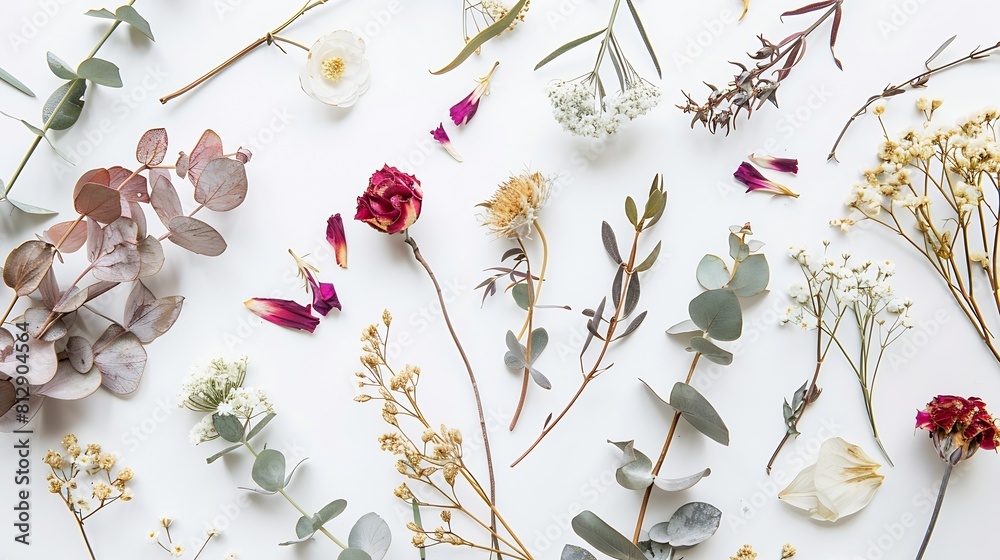 Aufkleber flower composition eucalyptus branches and dry flowers on white background flat lay top view copy sp