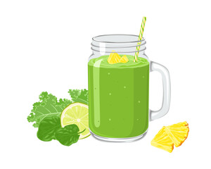 Green smoothie with pineapple, kale and spinach in mason jar glass. Detox shake. Vector cartoon illustration.