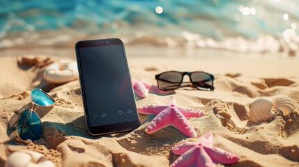 Smartphone with blank screen and beach accessories on the sand book your summer vacation online : Generative AI